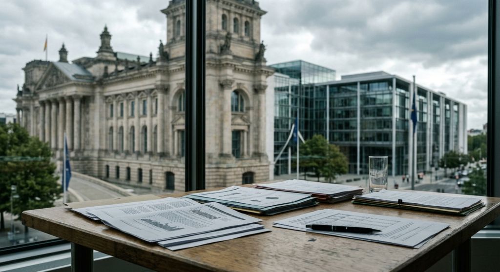 Gmachy instytucji finansowych i dokumenty analityczne na biurku w naturalnym świetle dziennym