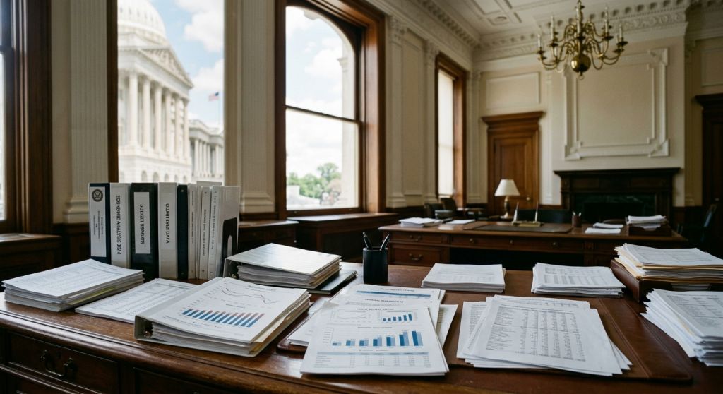 Budynek ministerstwa finansów z dokumentami analitycznymi na biurku