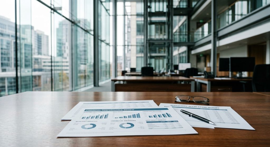Wnętrze nowoczesnego gmachu urzędowego z widokiem na dokumenty analityczne i budynki finansowe