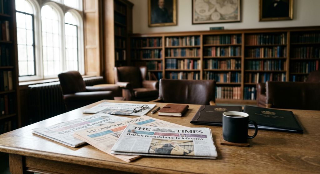 Brytyjskie gazety ekonomiczne i Financial Times na biurku prasowym w naturalnym świetle