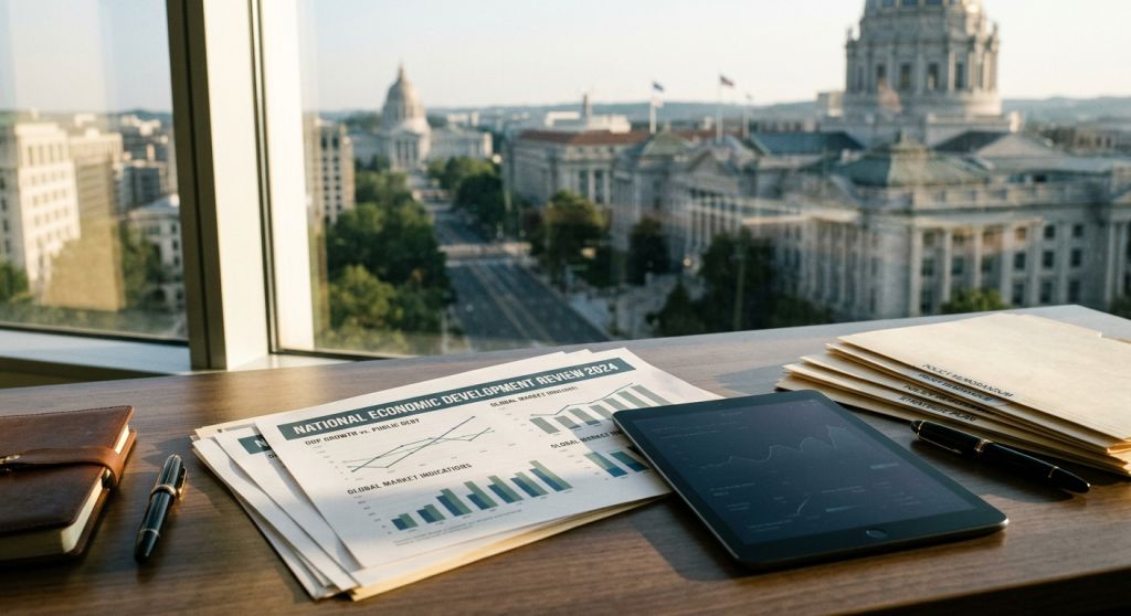 Profesjonalne biuro z dokumentami analitycznymi i nowoczesną technologią w świetle dziennym.