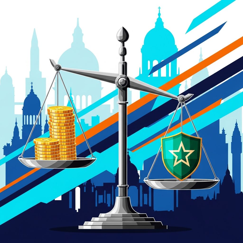 Geometryczna ilustracja przedstawiająca finanse publiczne, tarczę obronną i unijne reguły budżetowe