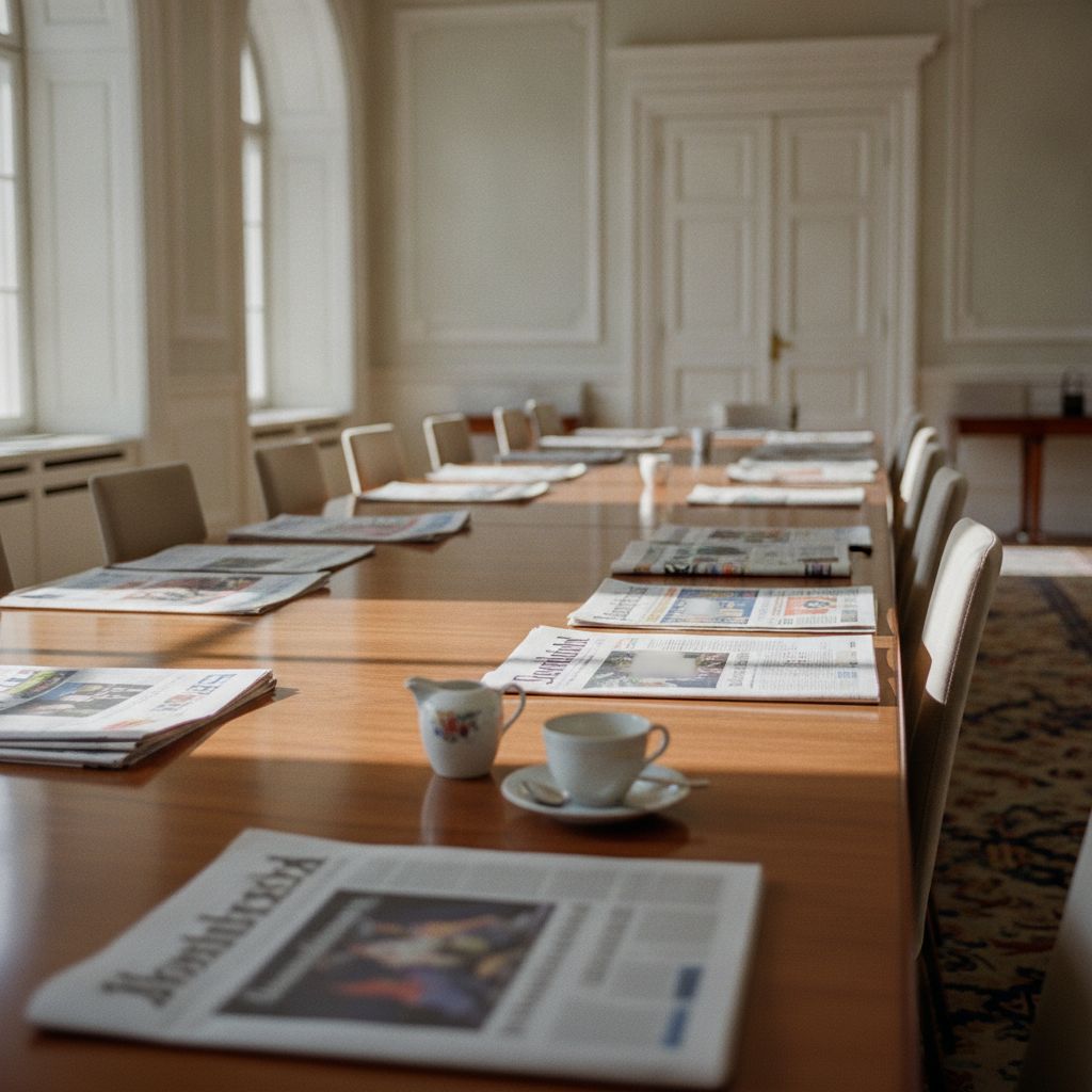 Dzienniki prasowe i dokumenty analityczne na stole konferencyjnym w tle nowoczesnej architektury instytucjonalnej